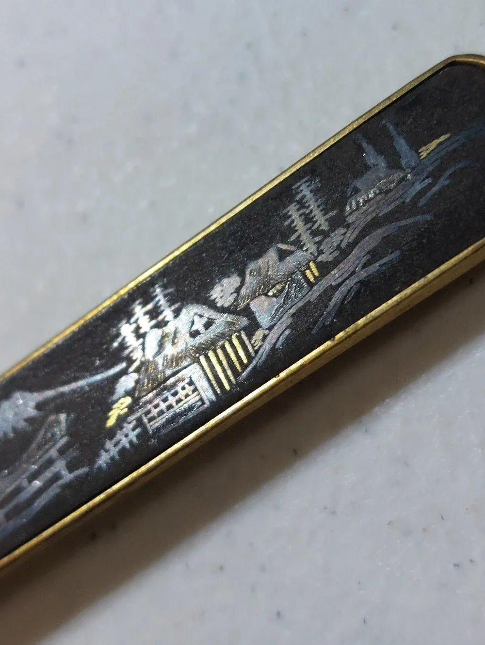VTG Japanese Damascene Tie Clip Mt. Fuji Pagoda Gold Silver Inlay Estate Jewelry